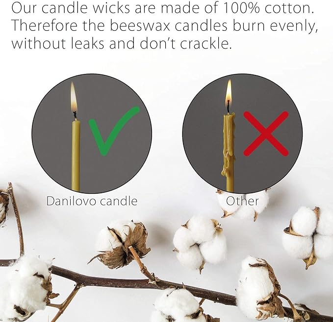 Danilovo Pure Beeswax Candles - Honey-Scented, Decorative Thin Taper Candles - Ideal for Birthday Decoration or Church Prayers - Drip Free, Tall & Smokeless Pack of 50 pcs, 6.5 x 0.22 inch