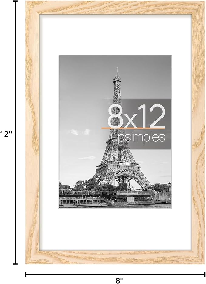 upsimples 8x12 Picture Frame, Display Pictures 6x8 with Mat or 8 x 12 Without, Wall Hanging Photo Frames, Natural, 1 Pack