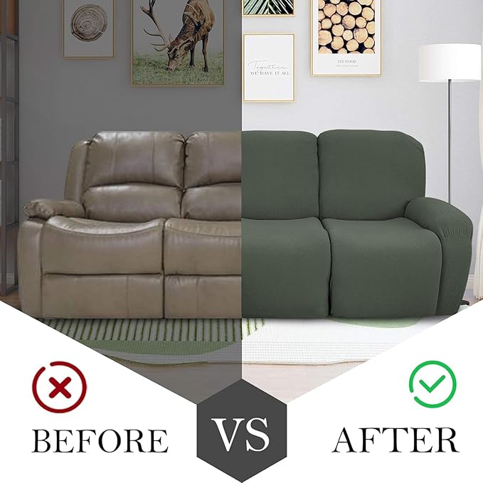 JIVINER 8-Piece Recliner Sofa Covers Stretch Jacquard Couch Covers for Reclining Slipcovers for Living Room 3 Cushion Soft Recliner Protector with Pocket (Sofa Recliner, Army Green)