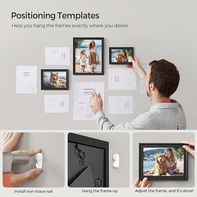SONGMICS Picture Frames with 16 Mats, Set of 10 Collage Photo Frames, Two 8x10, Four 5x7, Four 4x6 Frames, Hanging or Table Display, Glass, 12 Non-Trace Nails, Ash Black URPF049B01