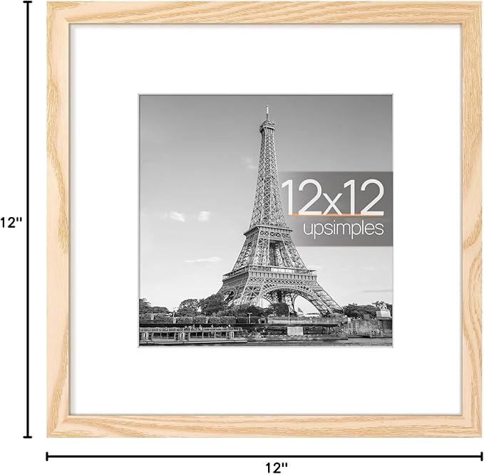 upsimples 12x12 Picture Frame, Display Pictures 8x8 with Mat or 12 x 12 Without, Wall Hanging Square Frames, Natural, 1 Pack