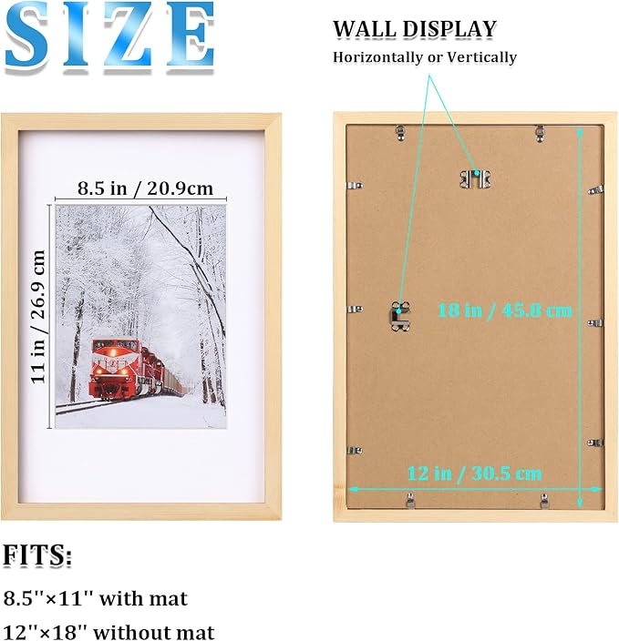 Egofine 12x18 Poster Frame Set of 2 Solid Wood Frame with Plexiglass Matted for 8.5x11 for Wall Mounting Hanging Picture Frame Vertically or Horizontally, Natural Wood