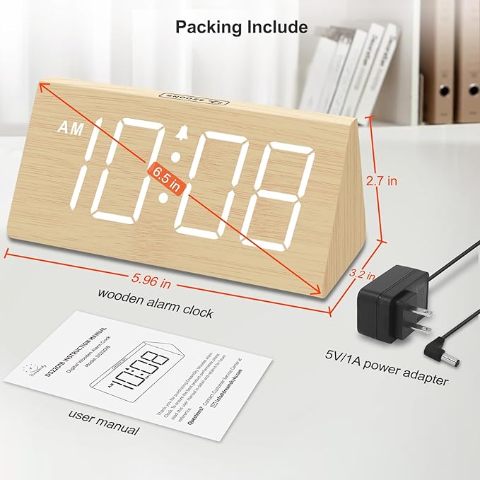DreamSky Wooden Digital Alarm Clocks for Bedrooms - Electric Desk Clock with Large Numbers, USB Port, Loud Alarm for Heavy Sleepers, Adjustable Volume, Dimmer, Snooze, DST, Wood D??cor, Adapter Powered