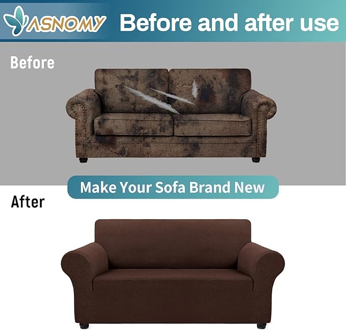 Asnomy Sofa Covers for 2 Cushion Couch Stretch loveseat Covers Slipcovers, Pet Protector Furniture Covers for Dogs Cats Spandex Jacquard Fabric Small Checks (Medium,Chocolate)