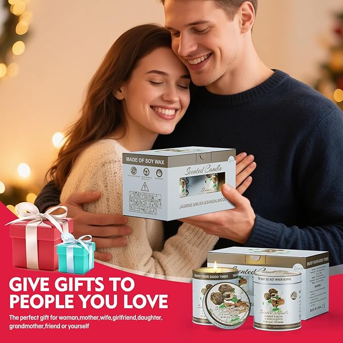 2 Pack Scented Candles (90 Total Burn Hours) - Soy Wax Candles 9 oz Each in Tin - Long Lasting Aromatherapy Candle Gift Set (Jasmine Musk Sandalwood)
