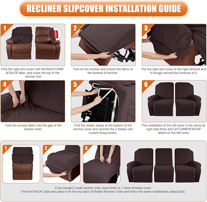 VANSOFY Recliner Cover, 3-Pieces Stretch Reclining Couch Covers with Pockets Reclining Sofa Slipcovers 3 Seater Soft Washable Furniture Protector for Dogs Cats(Dark Coffee)