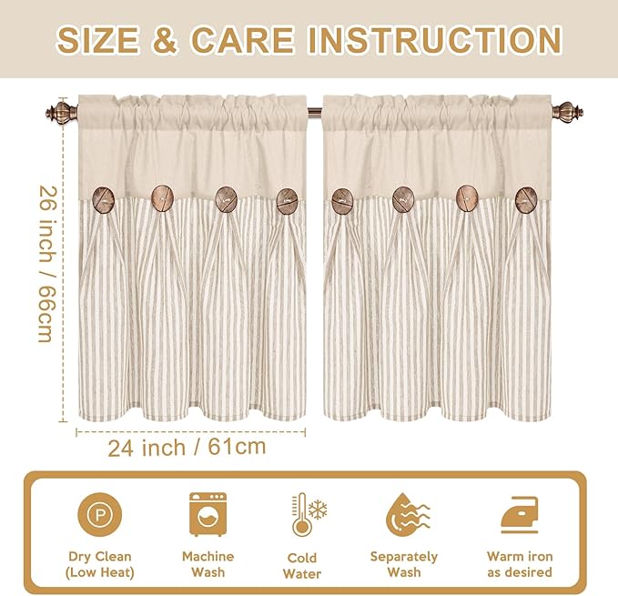 ASPMIZ Linen Kitchen Curtains 24 Inch Length, Farmhouse Boho Button Kitchen Window Curtain Over Sink, Khaki Striped Short Curtains for Small Windows, Bathroom, Rod Pocket Window Treatment Tiers