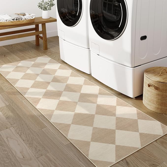 Beeiva Checkered Print Carpet Runners for Hallway 6ft, Beige Ultra Thin Washable Kitchen Runner Rug Non Slip, Moroccan Plaid Checkerboard Decor Faux Wool 2x6 Rug for Bedroom Bathroom Entryway