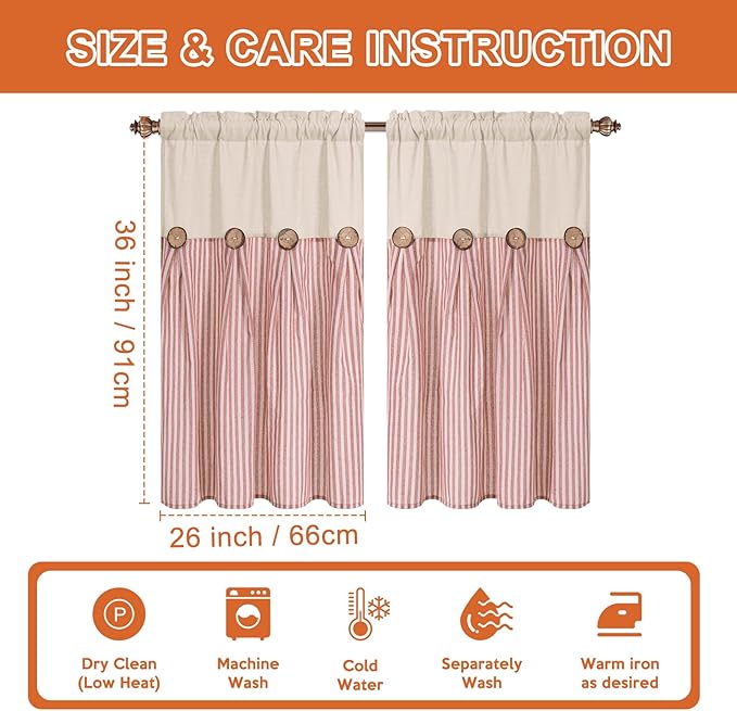 ASPMIZ Boho Linen Kitchen Curtains 36 Inch Length, Farmhouse Kitchen Window Curtain Over Sink, Orange Stripe Short Curtains for Small Windows, Bathroom, Rod Pocket Window Treatment Tiers with Button