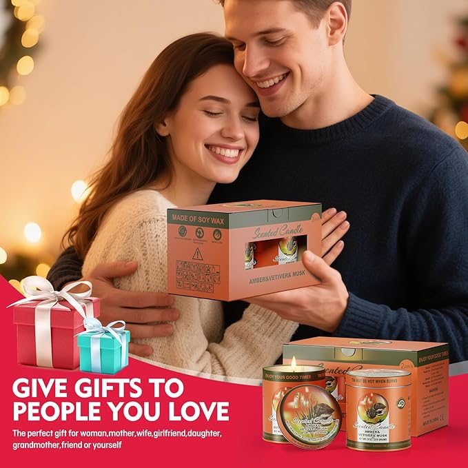 2 Pack Scented Candles (90 Total Burn Hours) - Soy Wax Candles 9 oz Each in Tin - Long Lasting Aromatherapy Candle Gift Set (Amber Vetiver Musk)