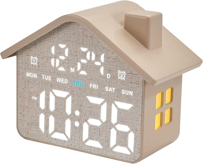 Plumeet Digital Alarm Clock, Bedroom Clock with Large Numbers, Date, Week, Dual Alarms, Dimmer and Ambient Light, House-Shaped Electric Bedside Desk Clock, Adapter Batteries Powered, Grey - Image 8