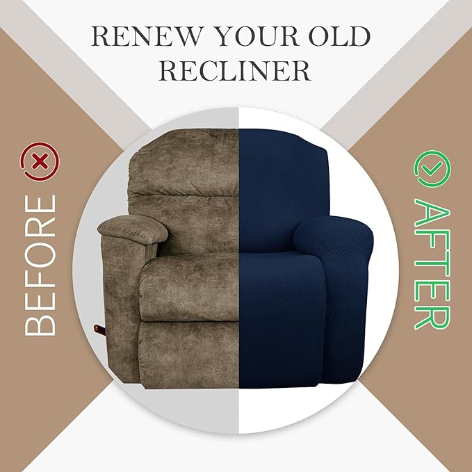 JIVINER 4-Piece Recliner Chair Covers Stretch Jacquard Covers for Reclining Chair Recliner Slipcovers for Living Room Soft Recliner Protector with Pocket (Recliner, Navy Blue)