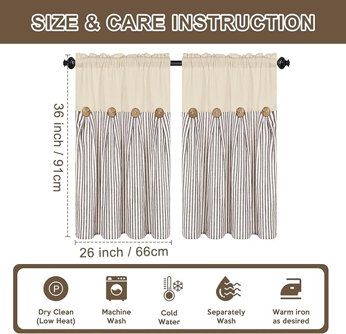 ASPMIZ Cotton Linen Kitchen Curtains 36 Inch Length, Farmhouse Rod Pocket Short Curtains for Window, Brown Stripe Small Window Curtain Boho Rustic Button Window Treatment Tiers for Bathroom, Cafe