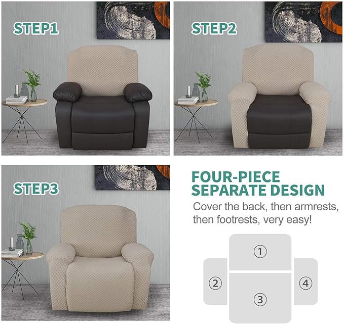 YEMYHOM 4 Pieces Oversized Stretch Recliner Slipcover Latest Jacquard Large Recliner Chair Cover with Side Pocket Anti-Slip Fitted Furniture Protector with Elastic Bottom (X-Large Recliner, Khaki)