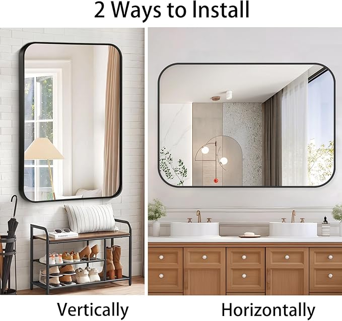 30x36 Inch Black Wall Mirror for Bathroom, Brushed Metal Framed Mirror with Rounded Corner, Rectangle Bathroom Vanity Mirror for Bedroom or Living Room, Horizontal/Vertical