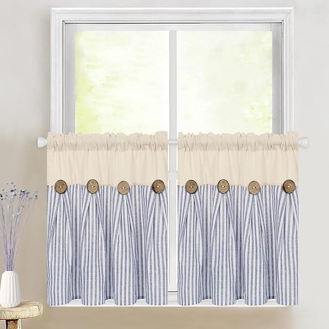 ASPMIZ Cotton Linen Kitchen Curtains 24 Inch Length Sets, Boho Rustic Button Tier Curtain Farmhouse Blue Stripe Half Window Curtains, Country Short Rod Pocket Curtain for Small Window, 2 Panels