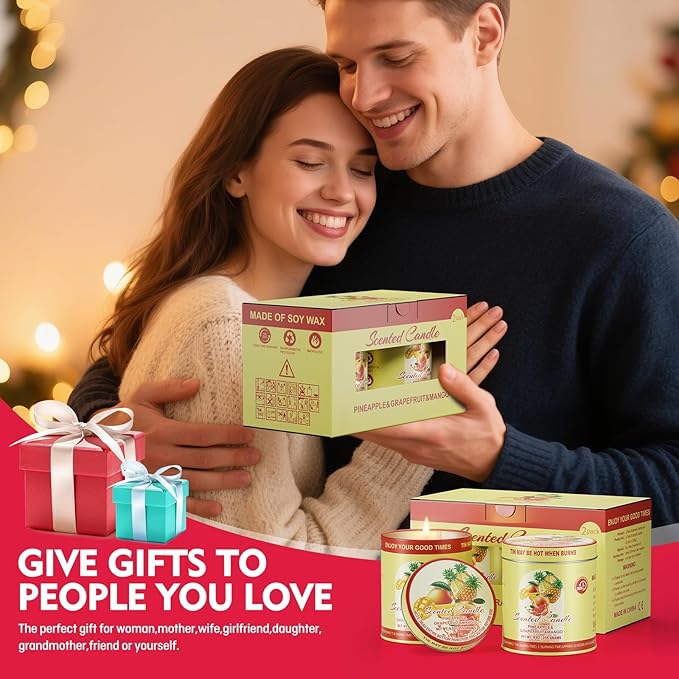 2 Pack Scented Candles (90 Total Burn Hours) - Soy Wax Candles 9 oz Each in Tin - Long Lasting Aromatherapy Candle Gift Set (Pineapple Grapefruit Mango)
