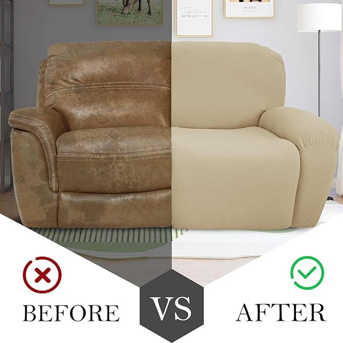 JIVINER 6-Piece Loveseat Recliner Slipcover Stretch Jacquard Recliner Sofa Cover 2 Seater Washable Reclining Couch Cover with Pocket Fitted Furniture Protector Cover (Loveseat Recliner, Light Beige)