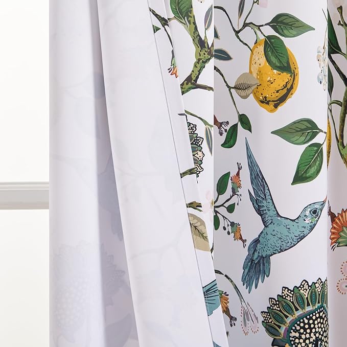Topfinel 102 Inches Long White Luxury Curtains for Living Room Bedroom, Blackout Vintage Art Deco Victorian Curtains Floral Lemon Hummingbird Printed Grommet Drape 102 Inch Length