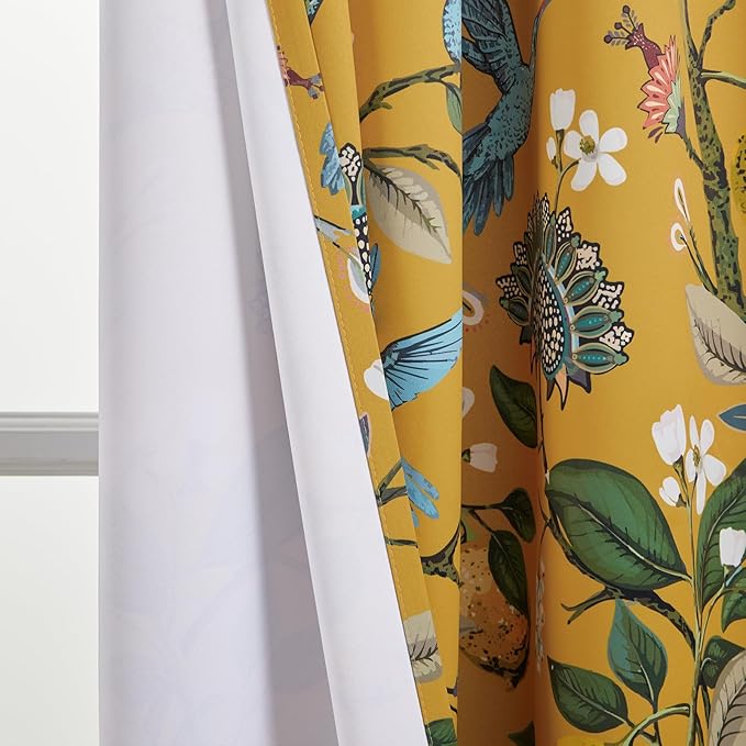 Topfinel 48 Inches Long Short Mustard Yellow Blackout Curtains for Cafe Kitchen, Grommet Room Darkening Luxury Floral Lemon Hummingbird Patterned Waverly Colorful Drapes for Living Room Bedroom