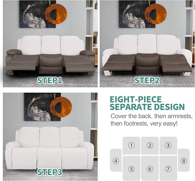 YEMYHOM 8 Pieces Stretch Recliner Sofa Cover Latest Jacquard Reclining Couch Cover with Side Pocket Anti-Slip Fitted 3 Cushion Furniture Slipcovers with Elastic Bottom (Sofa Recliner, White)