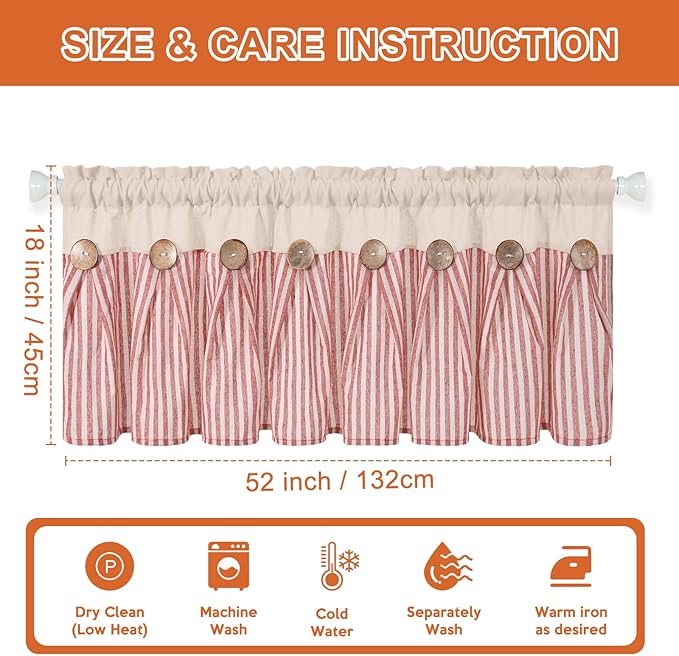 ASPMIZ Farmhouse Cotton Linen Valances for Windows, Boho Kitchen Curtains Valances with Rustic Button, Orange Stripe Window Treatments Curtain Valance for Bathroom Cafe, 52 x 18 Inch, 1 Pannel