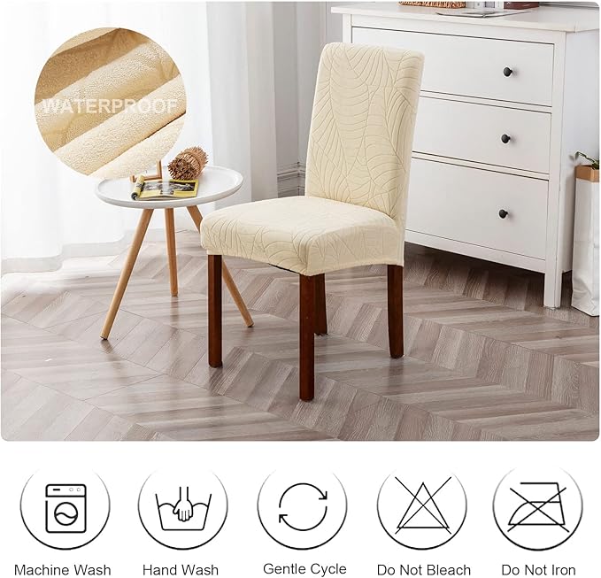 Genina Waterproof Chair Covers for Dining Room Set of 2, Stretch Jacquard Dining Chair Slipcovers Removable Washable Chair Protectors Cover for Kitchen, Hotel, Restaurant (Leaves-Beige, 2 PCS)