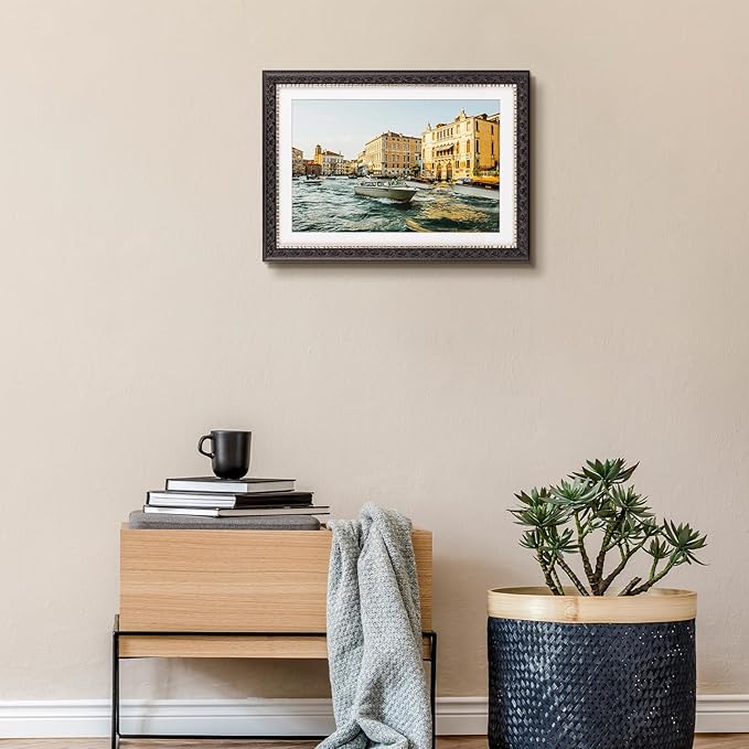 Golden State Art, 13X19 Ornate Finish Photo Frame with White Mat for 11X17 Picture & Real Glass, Color: Black with Silver & Burgundy