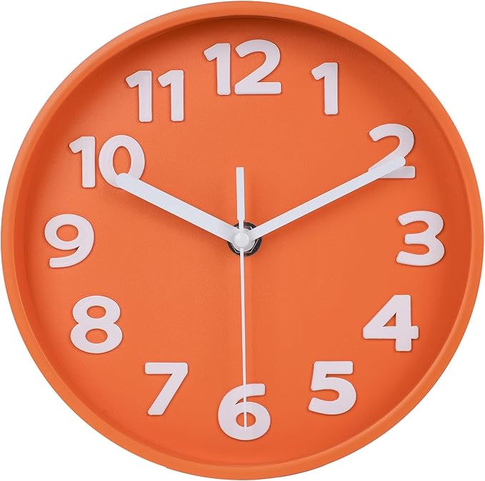 45MinST 8-Inch Orange Modern Wall Clock ?€? Silent Non-Ticking, 3D Large Numbers, Accurate Timekeeping | Decorative Wall & Desk Clock with Stand for Living Room, Bedroom, Kitchen, or Office