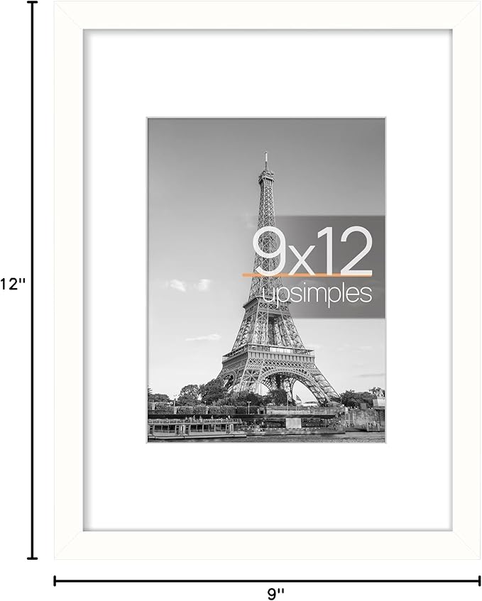 upsimples 9x12 Picture Frame, Display Pictures 6x8 with Mat or 9x12 Without, Wall Hanging Photo Frames, White, 1 Pack