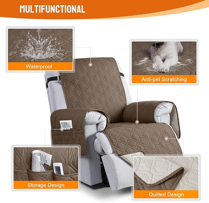 VANSOFY 100% Waterproof Recliner Chair Covers, Recliner Cover Non-Slip Dog Chair Cover Furniture Protector Washable Slipcover with Pocket, Elastic Straps for Pets, Dogs(Brown, 22")