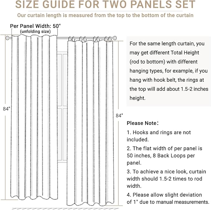100% Blackout Shield Linen Blackout Curtains for Bedroom 84 Inches Long, Back Tab/Rod Pocket Living Room Drapes, Thermal Insulated Blackout Curtains 2 Panels Set, 50" W x 84" L, Beige