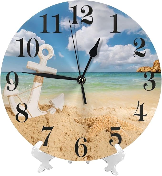 Sea Beach Starfish Nautical Anchor Wall Clock Battery Operated Silent Round Clock Wall Decor for Home Office School, 9.8 Inch