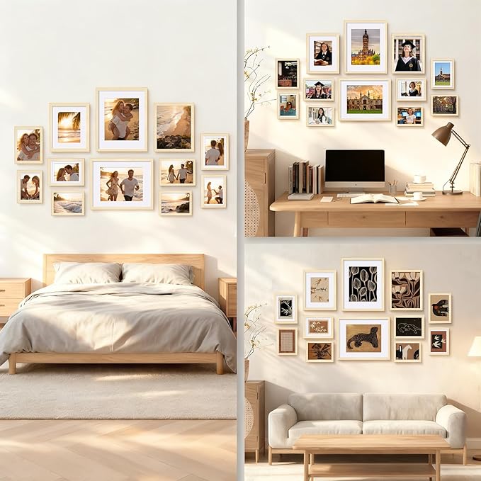 Egofine Picture Frame Set 12 Pack, Picture Frames Collage Wall Decor with Two 11x14, Two 8x10, Four 5x7, Four 4x6 for Wall and Tabletop, Made of Solid Wood, Covered by Plexiglass, Natural Wood