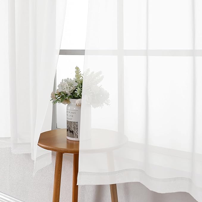 Lecloud White Sheer Curtains 36 Inch Length 2 Panels Set, Airy Breathable Voile Short Tiers, Elegant Gauzy Half Cafe Kitchen Curtains with Dual Rod Pocket, Each Panel 42 X 36 Inch