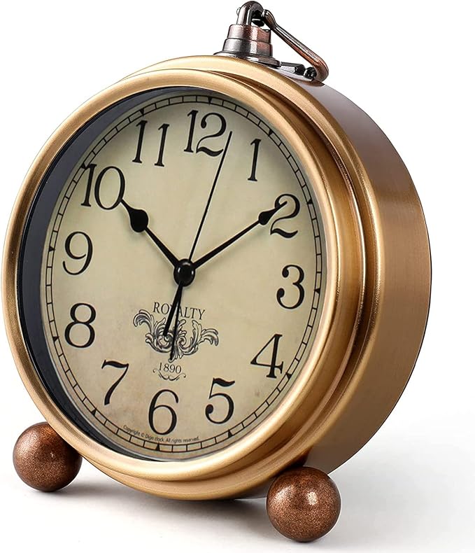 Maxspace Metal Golden Table Clock, Retro Vintage Non-Ticking Small Alarm Clock,Battery Operated Silent Quartz Movement HD Glass Desk Clock for Bedroom Living Room Indoor Decoration Kids?€? (Arabic2)