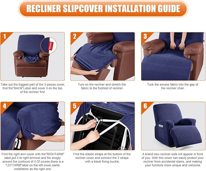VANSOFY Recliner Chair Cover, 3-Pieces Stretch Recliner Covers for Recliner Chair Soft Reclining Chair Slipcover Furniture Protector for Dogs Cats(Navy Blue)