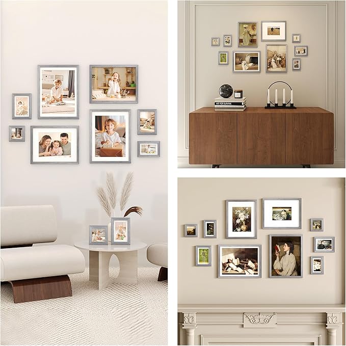 Egofine Picture Frame Set 10 Pack, Collage Wall & Tabletop Decor with Two Sizes - 12x16, 11x14, 5x7, 4x6, 4x4; Solid Wood, Plexiglass Cover, Oak Grey