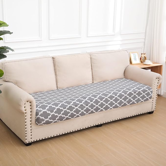 hyha Printed Couch Cushion Covers, Floral Sofa Covers Washable for 3 Cushion Couch, Stretch Pattern Outdoor Cushion Covers for Patio Furniture with Elastic Bottom(Large, Moroccan Light Gray)