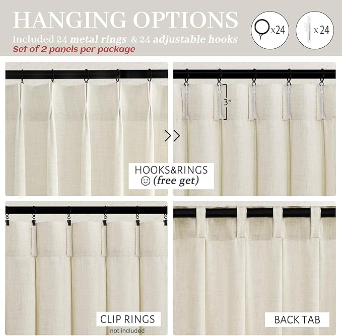 70 Inch Extra Wide Pleated Linen Kids Room Curtains 102 Inches Long, Cream Memory Trained Light Filtering Privacy Semi Sheer Curtain Energy Efficient Decorative Windows Drapes 2 Panels Set with Hooks