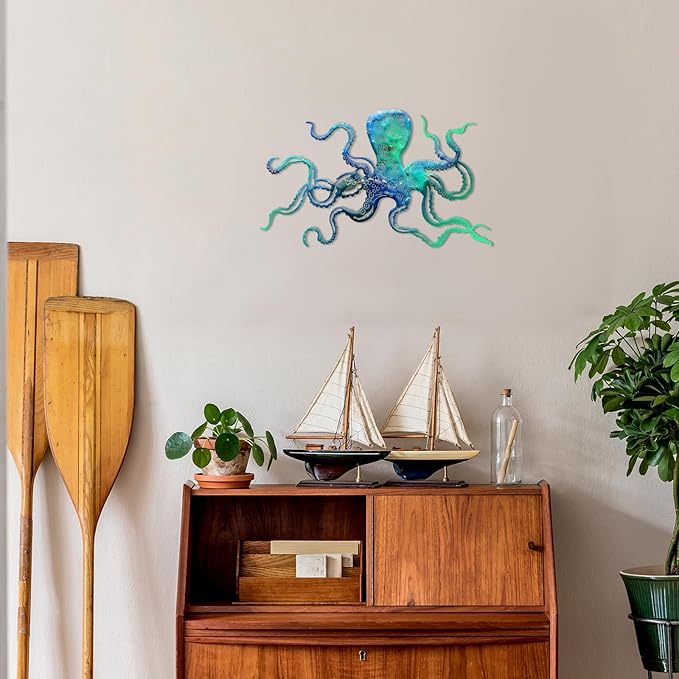 Zhengmy Octopus Metal Wall Art Octopus Wall Decor 18 x 11 Inch Extra Large Tropical Nautical Hanging Sculpture Beach Ocean Theme Home Bedroom Decoration Summer Gifts(Ocean Blue)