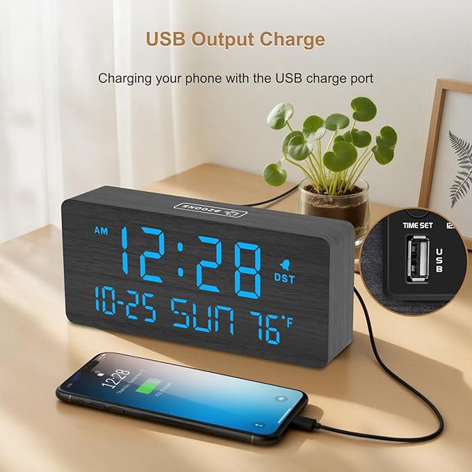 DreamSky Wooden Digital Alarm Clocks for Bedrooms - Living Room Desk Clock with Date and Day of Week, Temperature, USB Port, Dimmer Wheel, Adjustable Volume, Auto DST, Wood Decor for Office Table