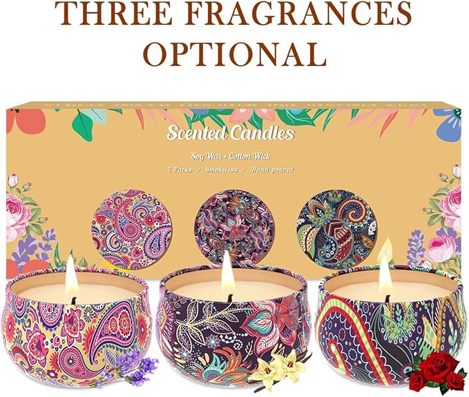 3 Pack Home Scented Candles - Strong Lavender, Vanilla & Rose Candle, 2.5 Oz, 100% Soy, Non-Toxic, Small Candle Set for Aromatherapy & Gifts, Baby Shower Prizes