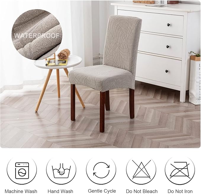 Genina Waterproof Chair Covers for Dining Room 6 Pack, Stretch Jacquard Dining Chair Cover Removable Washable Chair Protectors Cover for Kitchen, Home (Leaves-Warm Gray, 6 PCS)