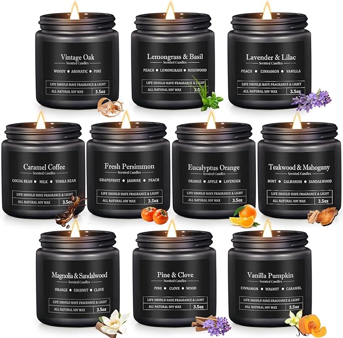 Manly Scented Candles for Men, 10 Pack Soy Candles for Home Scented, Aromatherapy Candle Set, Up to 250H Burning, Masculine Mens Candle Gift Set for Father Boyfriend Him Birthday Valentine's Day Gifts