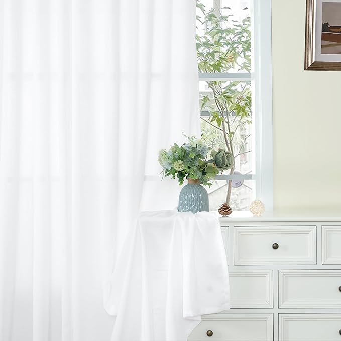 YoungsTex White Linen Curtains 68 Inch Length for Living Room, Light Filtering Semi Sheer Window Drapes with Bronze Grommet Privacy for Bedroom, 52 x 68 Inch, 2 Panels