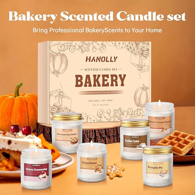 Bakery Candles Set, 6 Pack Fall Winter Candles for Home Scented, Candle Gift Set,Soy Wax Long Lasting Jar Candle of Pumpkin Pie, Coffee Cake,Gingerbread,Chocolate Cookie,Cherry Cheesecake Aromatherapy