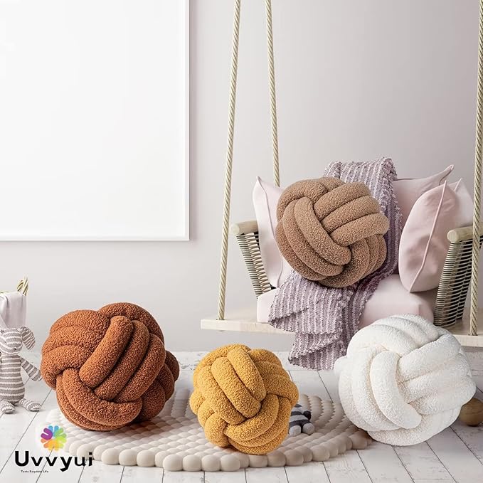 Uvvyui Knot Pillow Ball, Soft Home Decorative Pillows, Round Throw Pillow, Handmade Knotted Plush Pillow, Round Boucle Pillow Cushion (8.6 Inches Caramel)