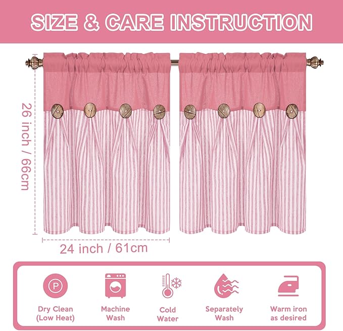 ASPMIZ Linen Kitchen Curtains 24 Inch Length, Farmhouse Boho Button Kitchen Window Curtain Over Sink, Pink Striped Short Curtains for Small Windows, Bathroom, Rod Pocket Window Treatment Tiers