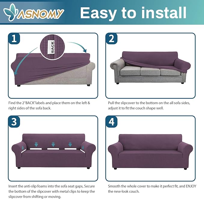 Asnomy Couch Covers for 3 Cushion Couch Stretch Sofa Covers Slipcovers, Pet Protector Furniture Covers for Dogs Cats Spandex Jacquard Fabric Small Checks (Large,Gray Purple)